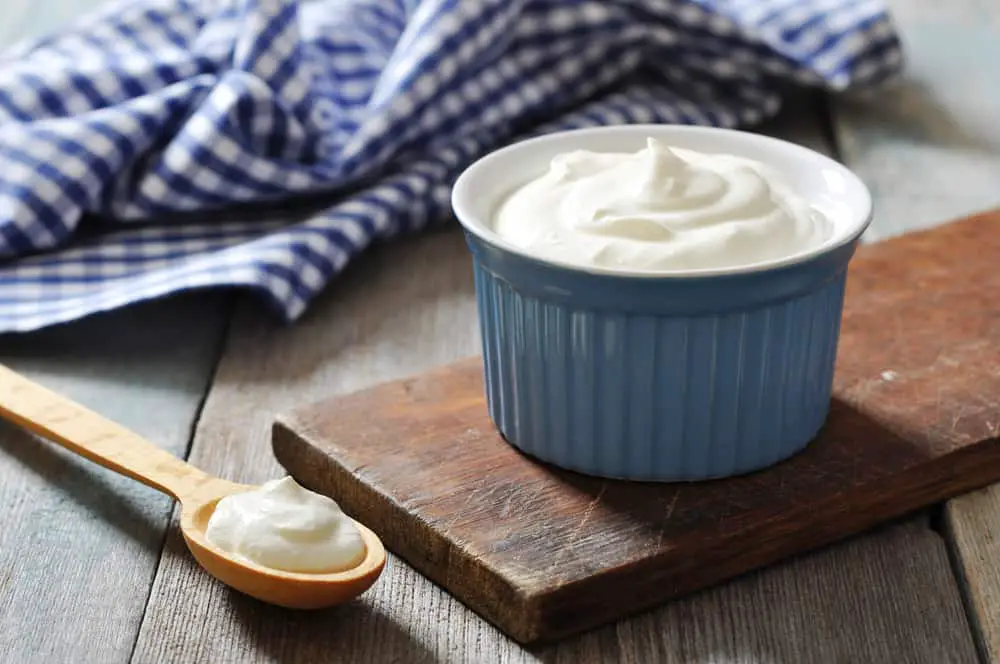 Blue ceramic bowl filled with plain yogurt.