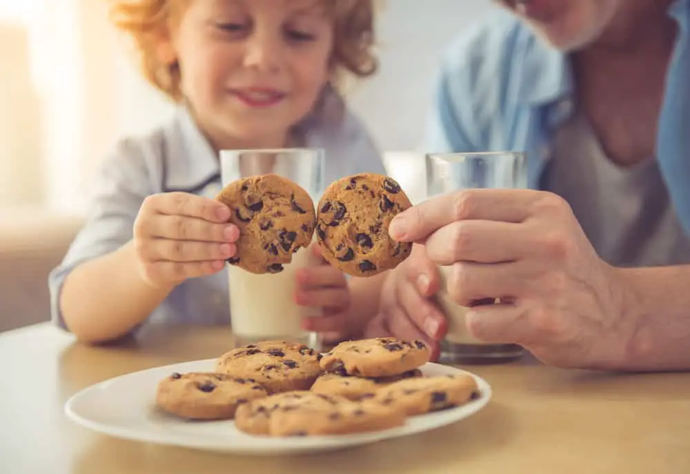 Older man and young boy holding chocolate chip cookies and glasses of milk
